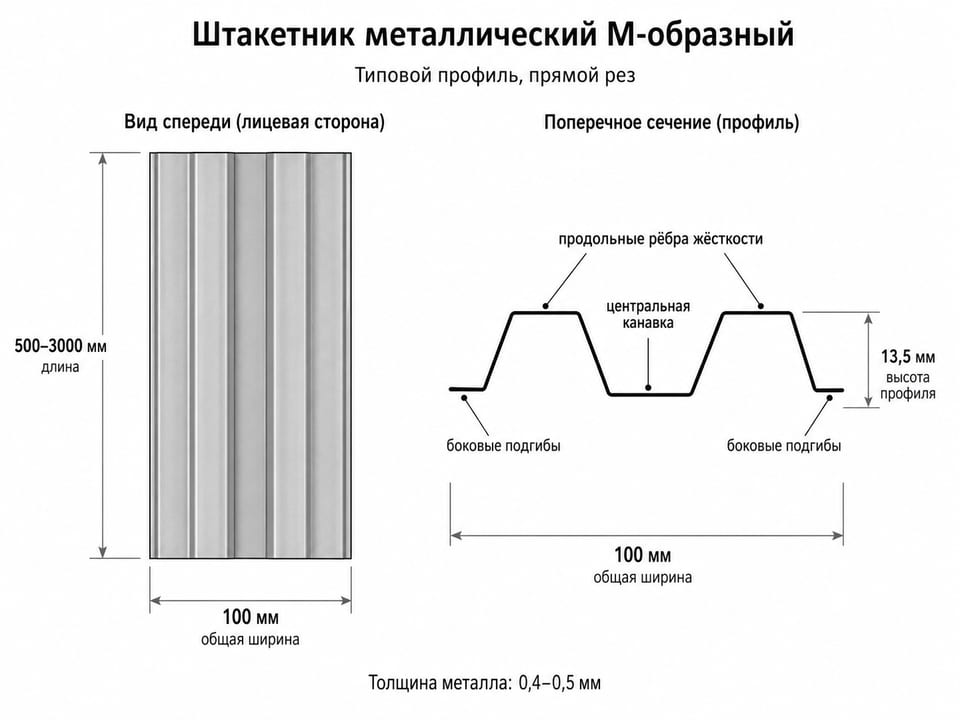 М образный профиль металлического штакетника с размерами и ребрами жесткости