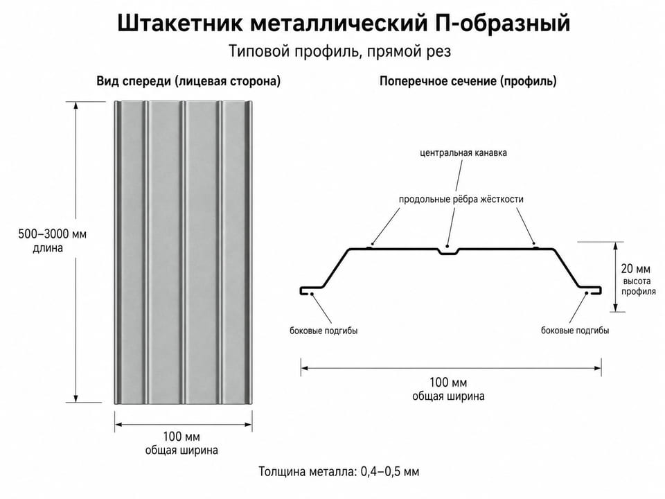 П образный профиль металлического штакетника с размерами и ребрами жесткости