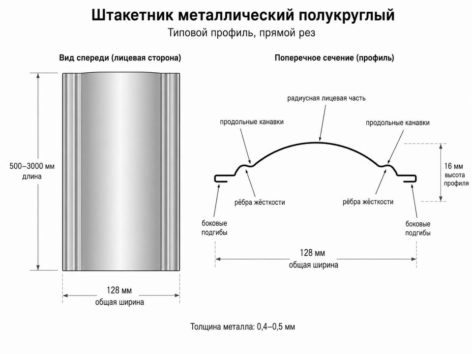 Полукруглый профиль металлического штакетника с размерами и ребрами жесткости